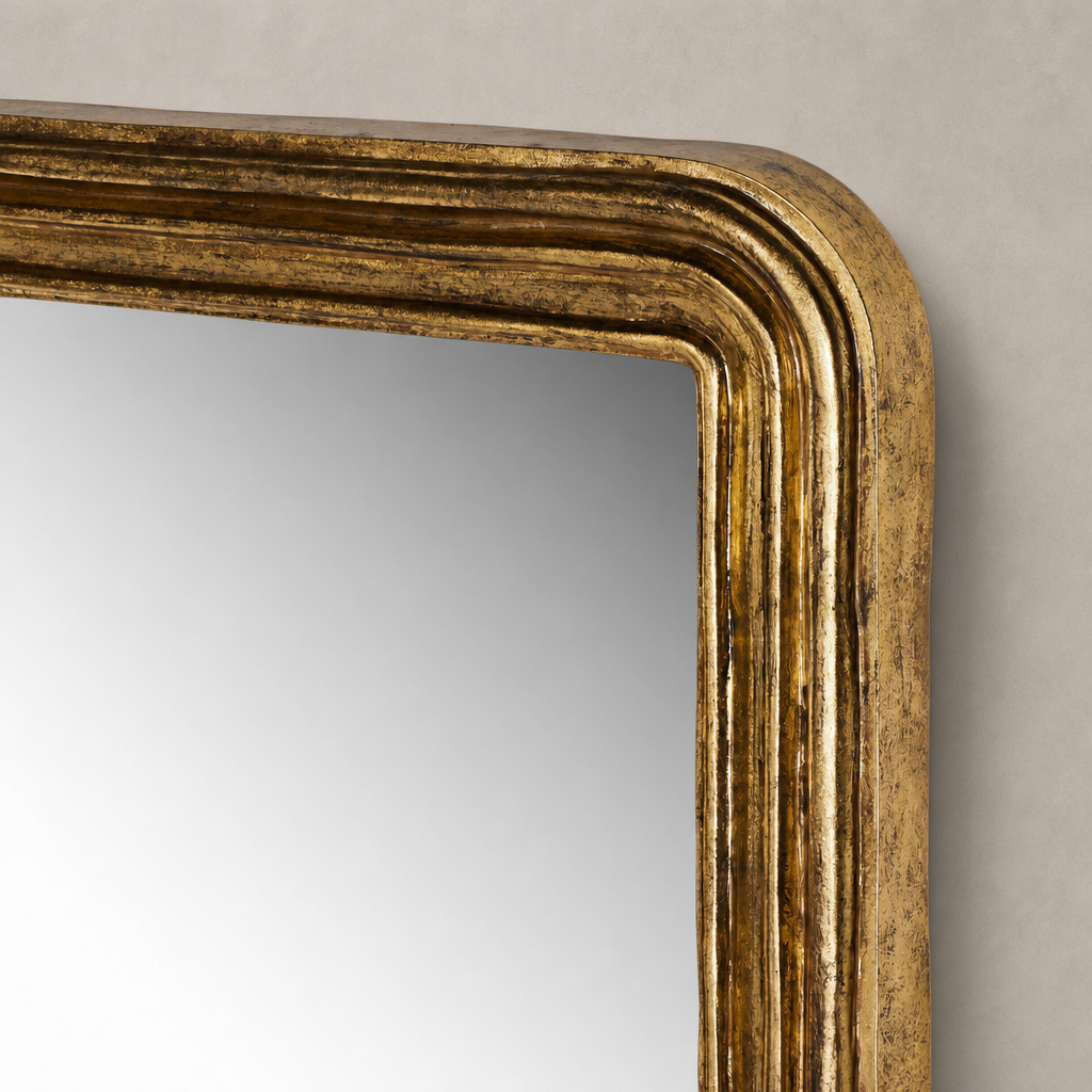 Antiqued Gold Leaf frame detail of Vesper Louis Floor Mirror.