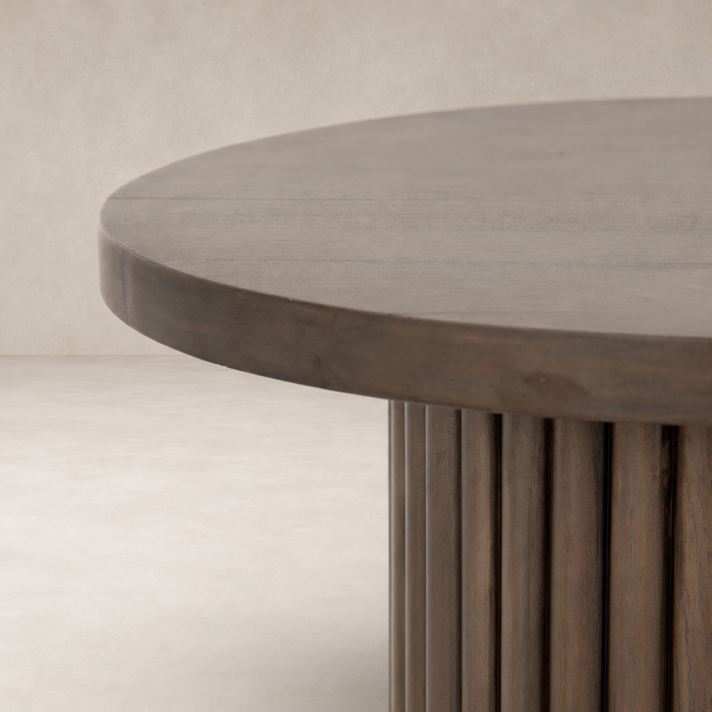 Round Ashford End Table featuring a textured wooden finish and ribbed detailing.