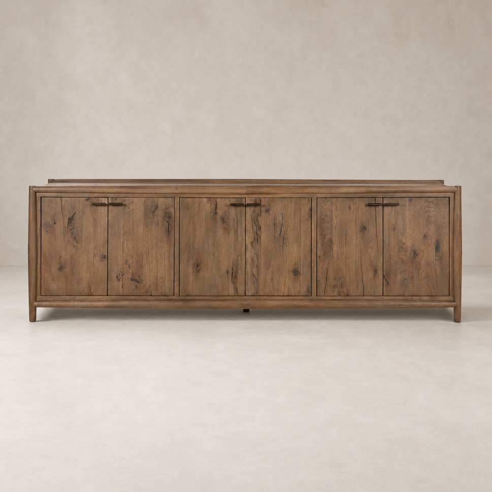 Belmont 6 Door Sideboard in weathered oak with a sleek design and elegant finish.