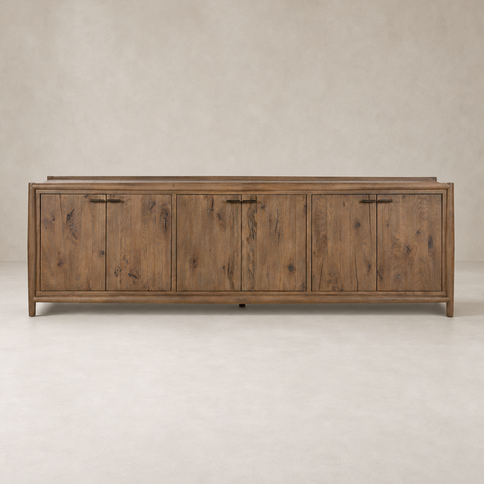 Belmont 6 Door Sideboard in weathered oak with a sleek design and elegant finish.