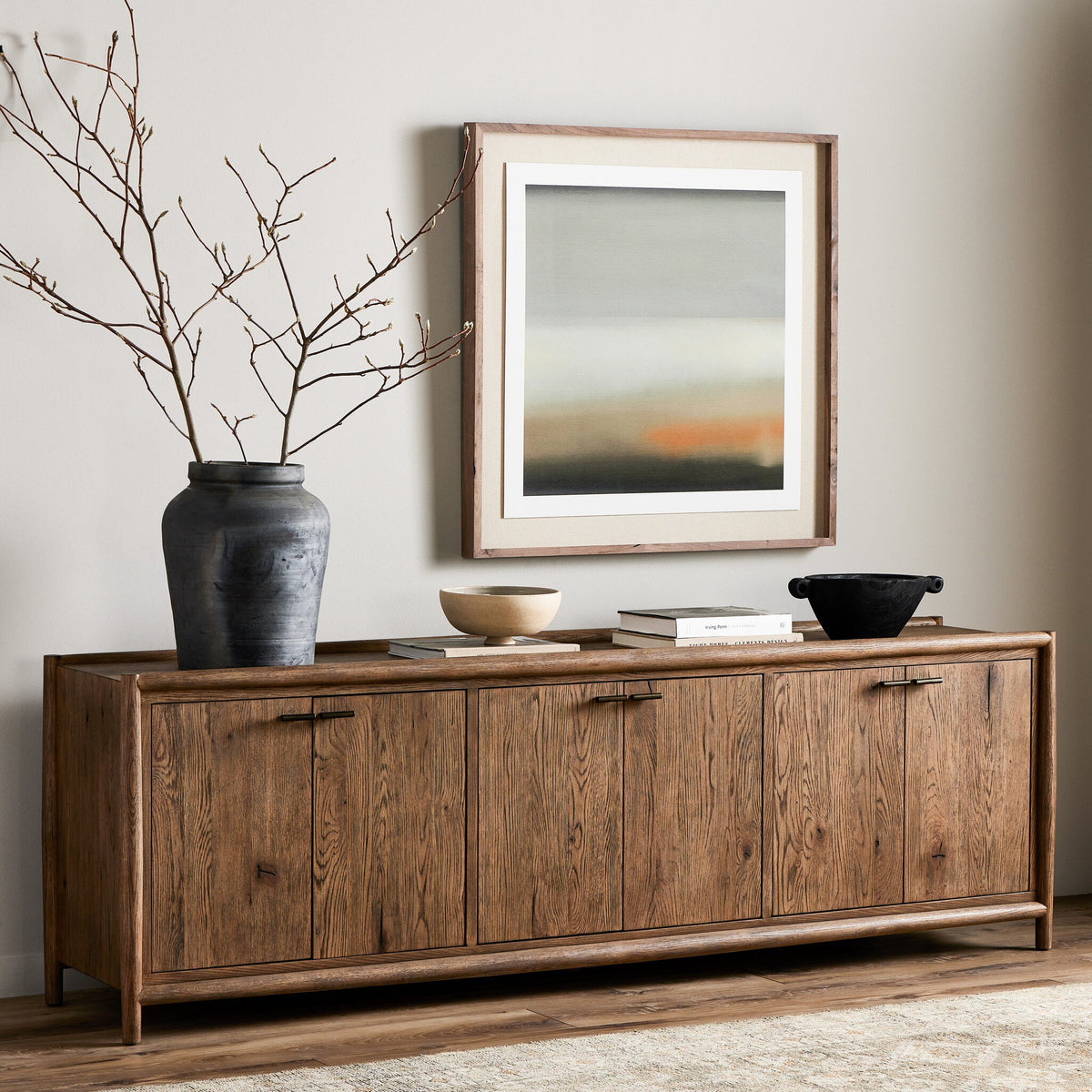Belmont 6 Door Sideboard in weathered oak showcasing modern design and rustic charm.