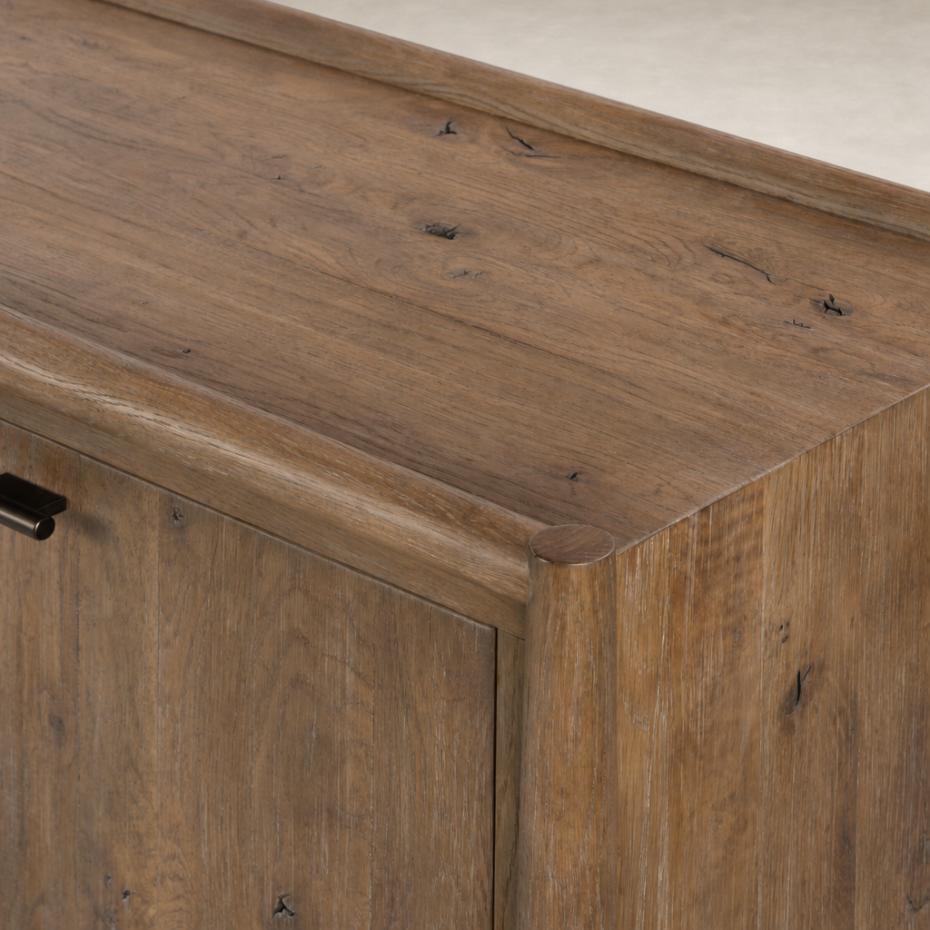 Belmont 6 Door Sideboard in weathered oak showcasing a smooth, natural wood finish.