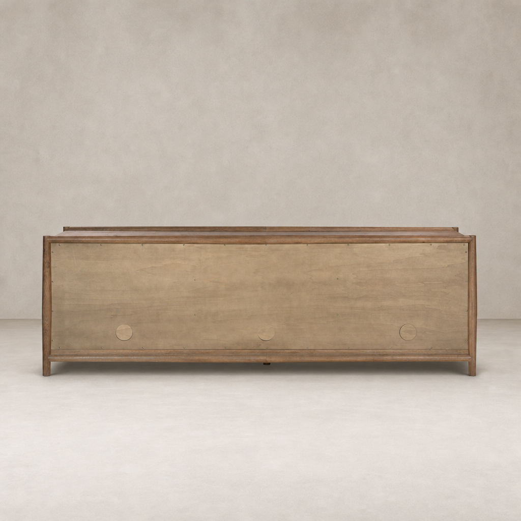 Belmont 6 Door Sideboard in weathered oak featuring a sleek rectangular design.