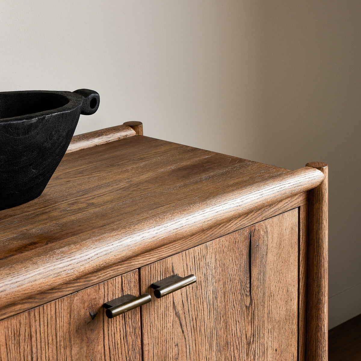 Belmont 6 Door Sideboard in weathered oak featuring smooth edges and brass handles.