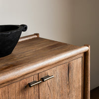 Belmont 6 Door Sideboard in weathered oak featuring smooth edges and brass handles.