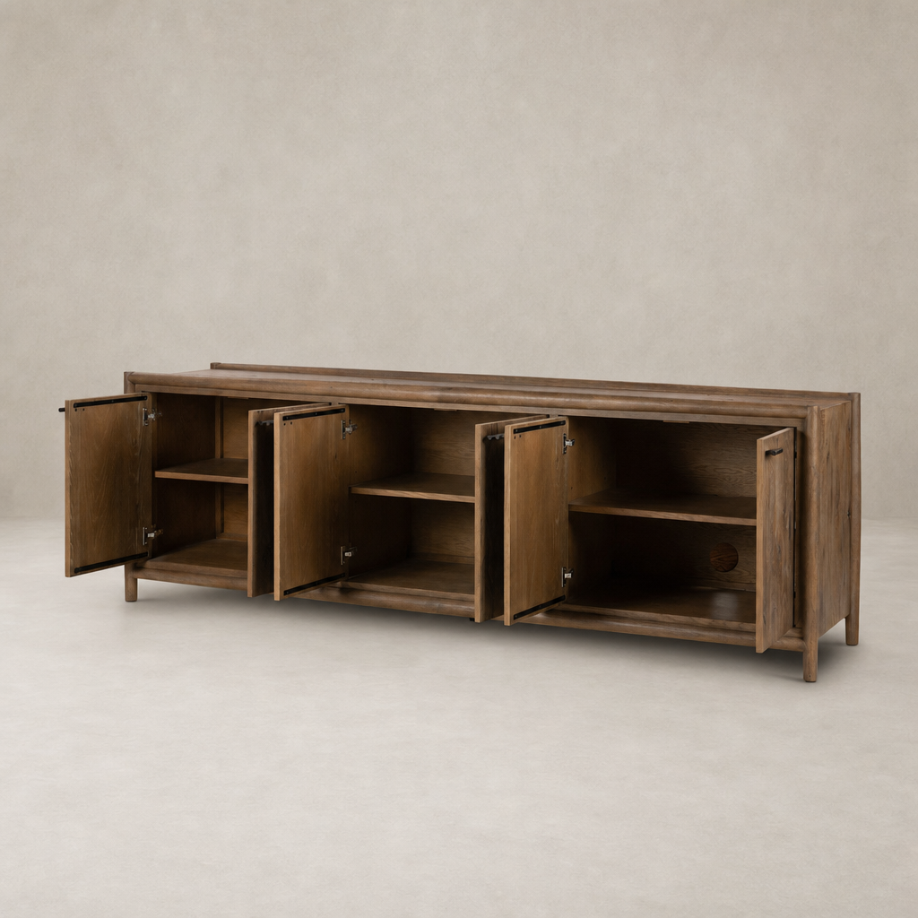 Belmont 6 Door Sideboard in weathered oak with spacious shelves and stylish design.