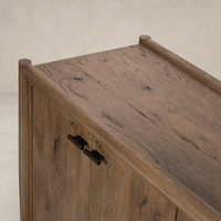 Belmont 6 Door Sideboard in weathered oak featuring a smooth, textured surface and sturdy metal handles.