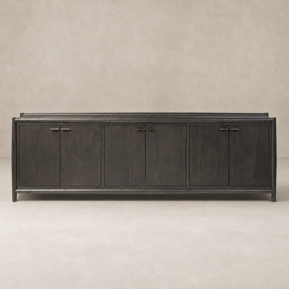 Belmont 6 Door Sideboard in Smoked Black Resawn Oak with sleek lines and modern design.