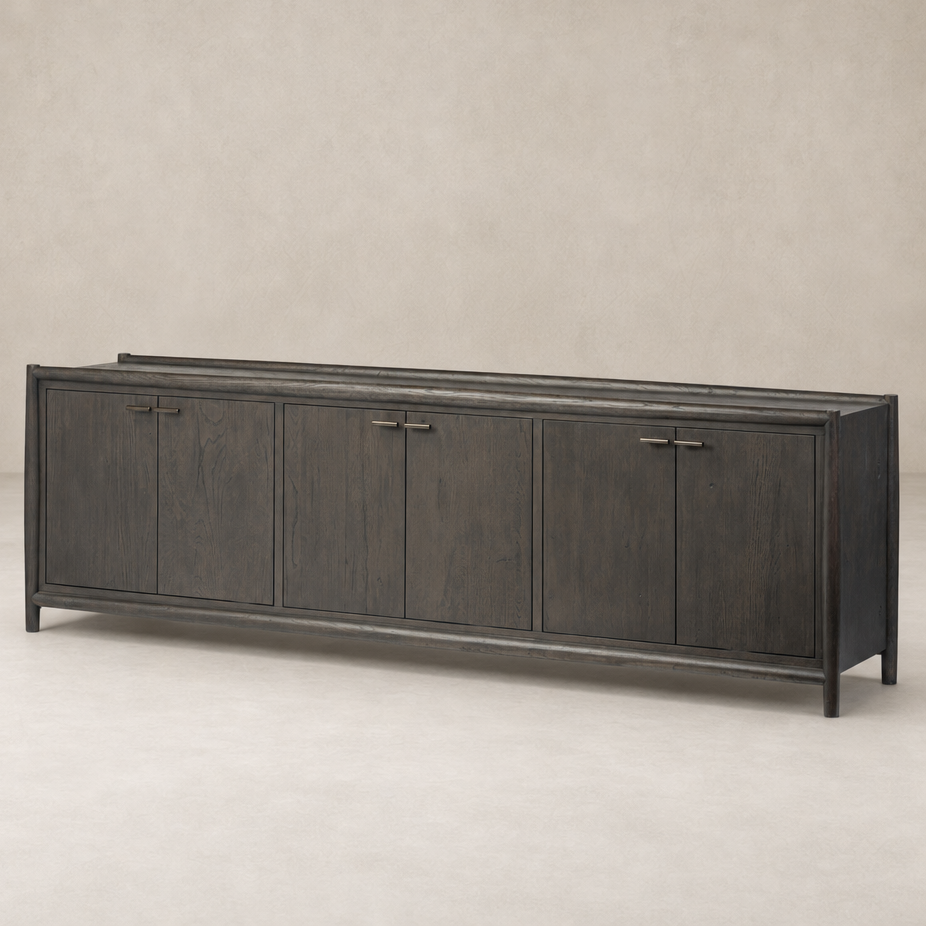 Belmont 6 Door Sideboard in Smoked Black Resawn Oak with sleek design and minimalist handles.