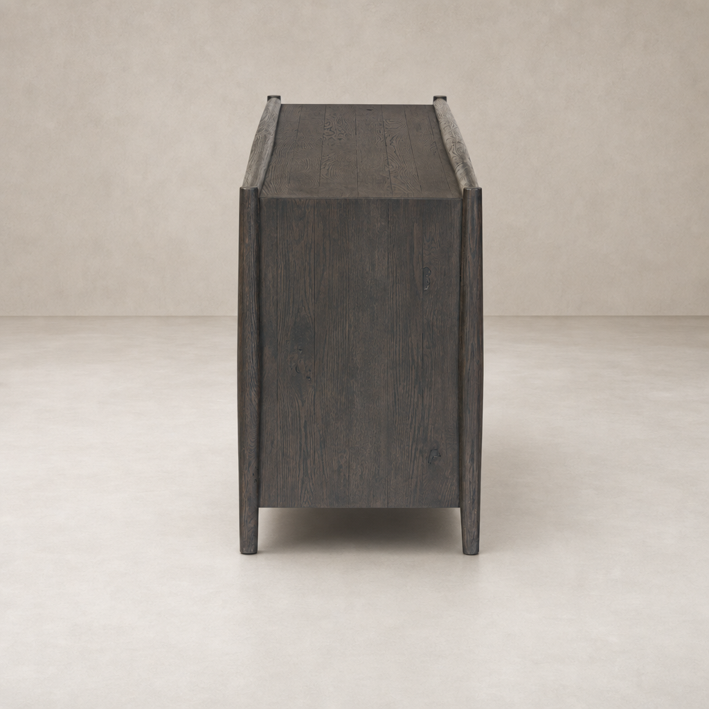 Belmont 6 Door Sideboard in Smoked Black Resawn Oak showcasing a sleek, modern design.