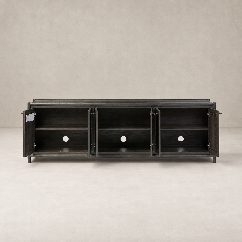 Belmont 6 Door Sideboard in Smoked Black Resawn Oak, featuring ample storage space and sleek design.