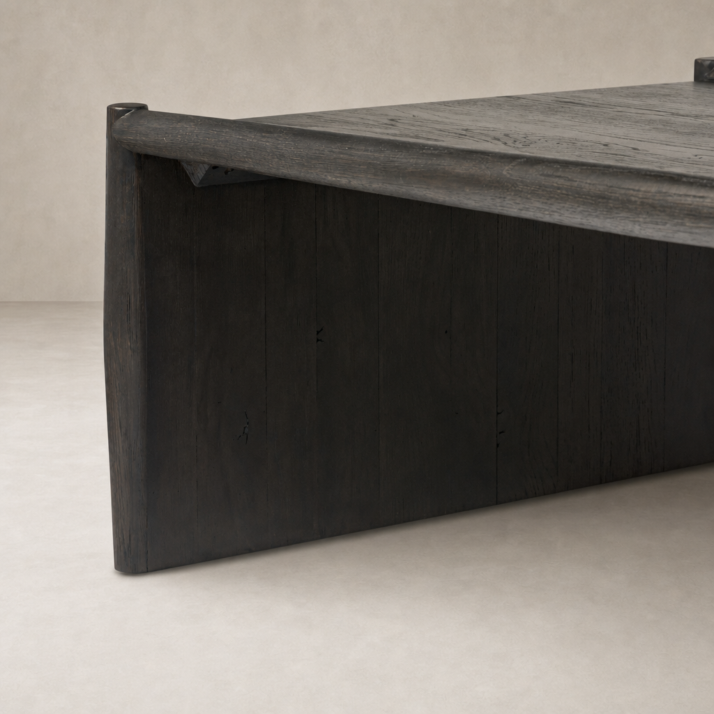 Fairview Coffee Table with a smooth surface and rich smoked black resawn oak finish.