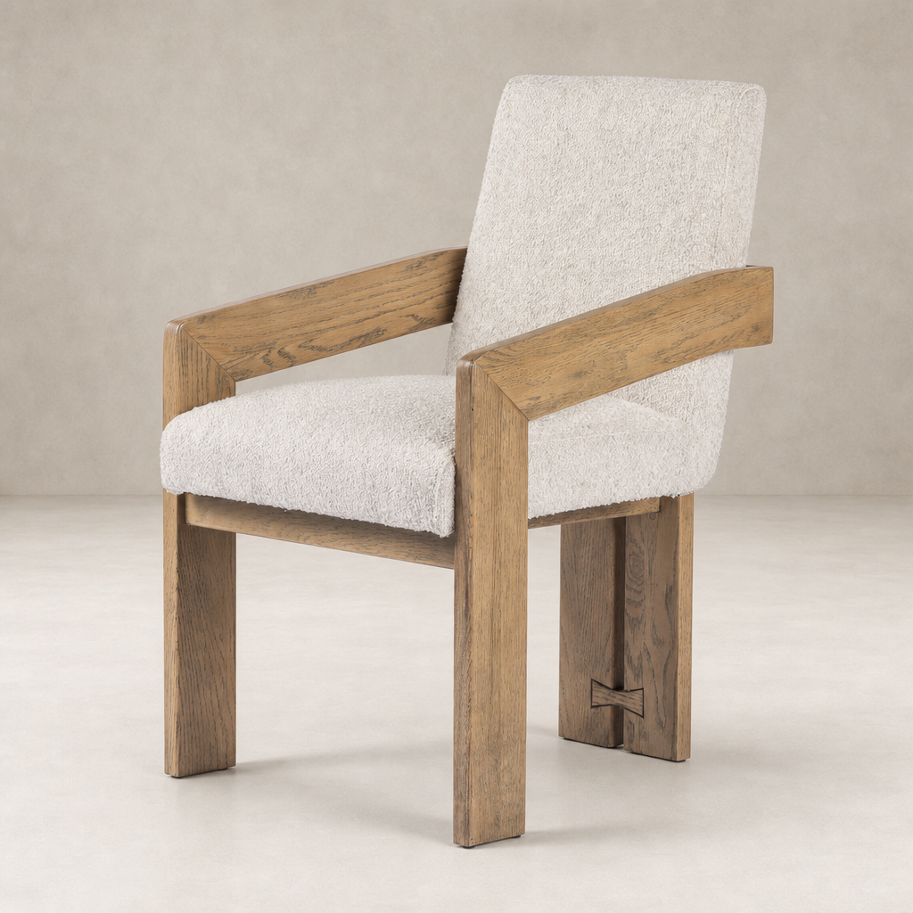 Dining armchair with upholstered seat in cream fabric and Somerton Ash wood frame.