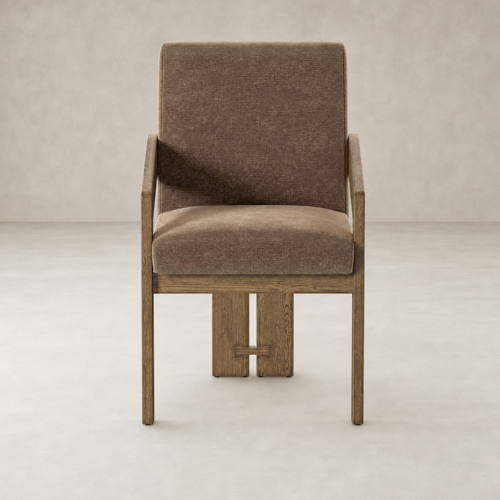 Dining armchair in Altair Mushroom with a modern design and wooden framework.