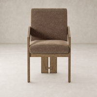 Dining armchair in Altair Mushroom with a modern design and wooden framework.