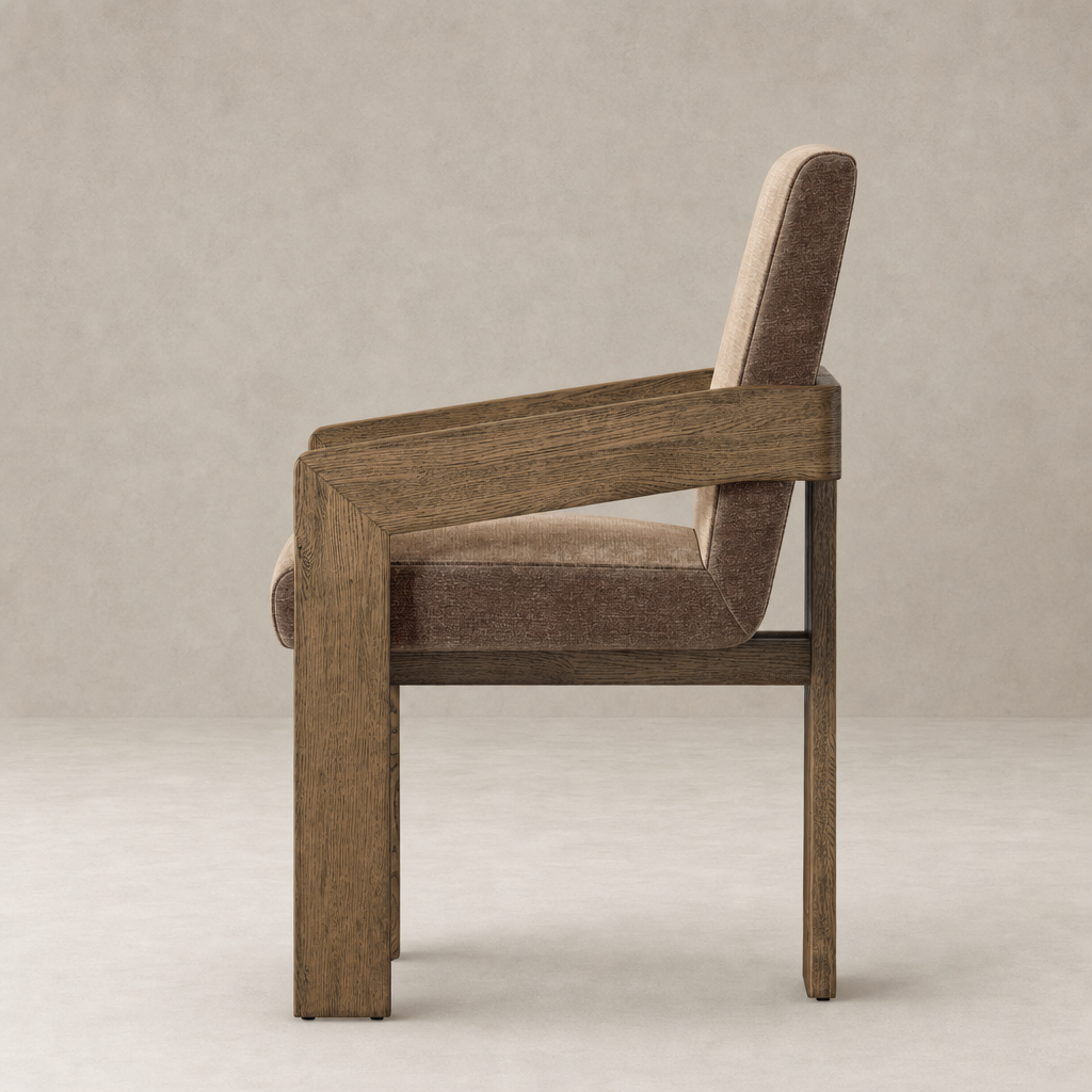 Side view of a dining armchair in Altair Mushroom fabric with wooden frame.