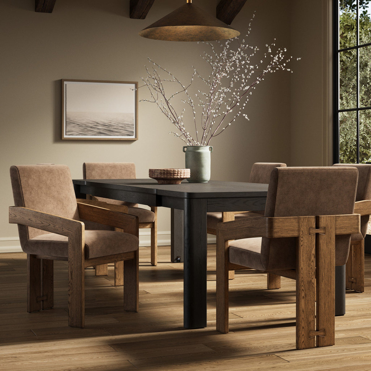 Altair Mushroom dining armchair featuring a warm fabric seat and wooden frame.