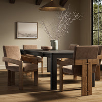Altair Mushroom dining armchair featuring a warm fabric seat and wooden frame.