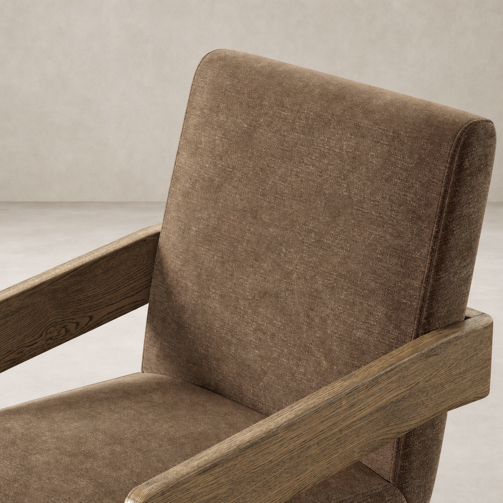 Altair Mushroom dining armchair featuring a textured fabric and warm wooden armrests.