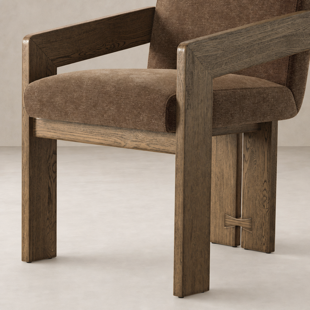 Altair Mushroom dining armchair featuring a textured fabric seat and sturdy wooden frame.