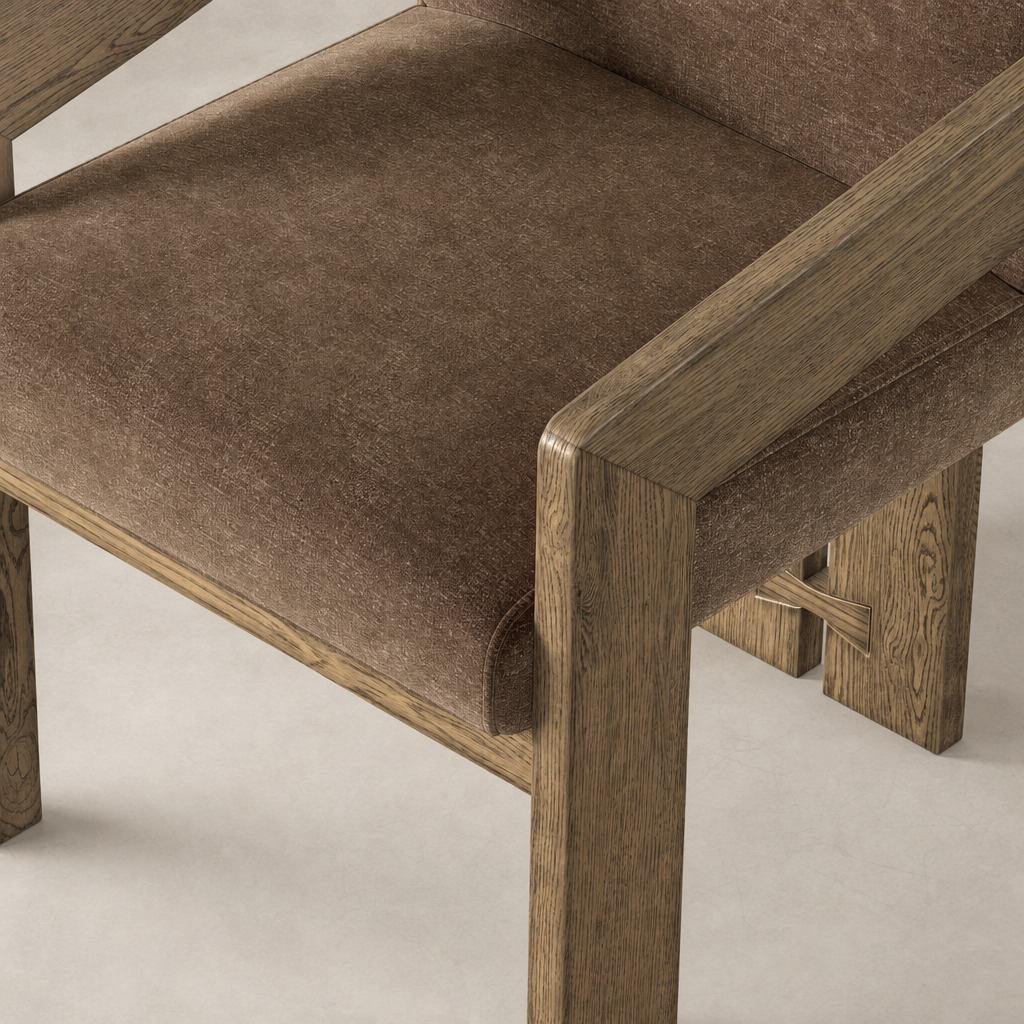 Comfortable dining armchair with Altair Mushroom upholstery and wooden armrests.