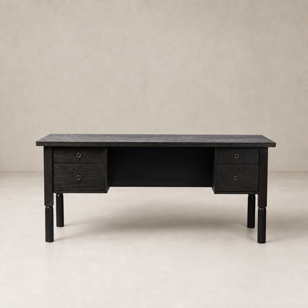 Charcoal Oak Uma Desk with two drawers and sleek, modern design.