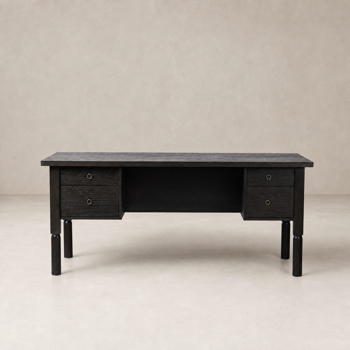 Charcoal Oak Uma Desk with two drawers and sleek, modern design.