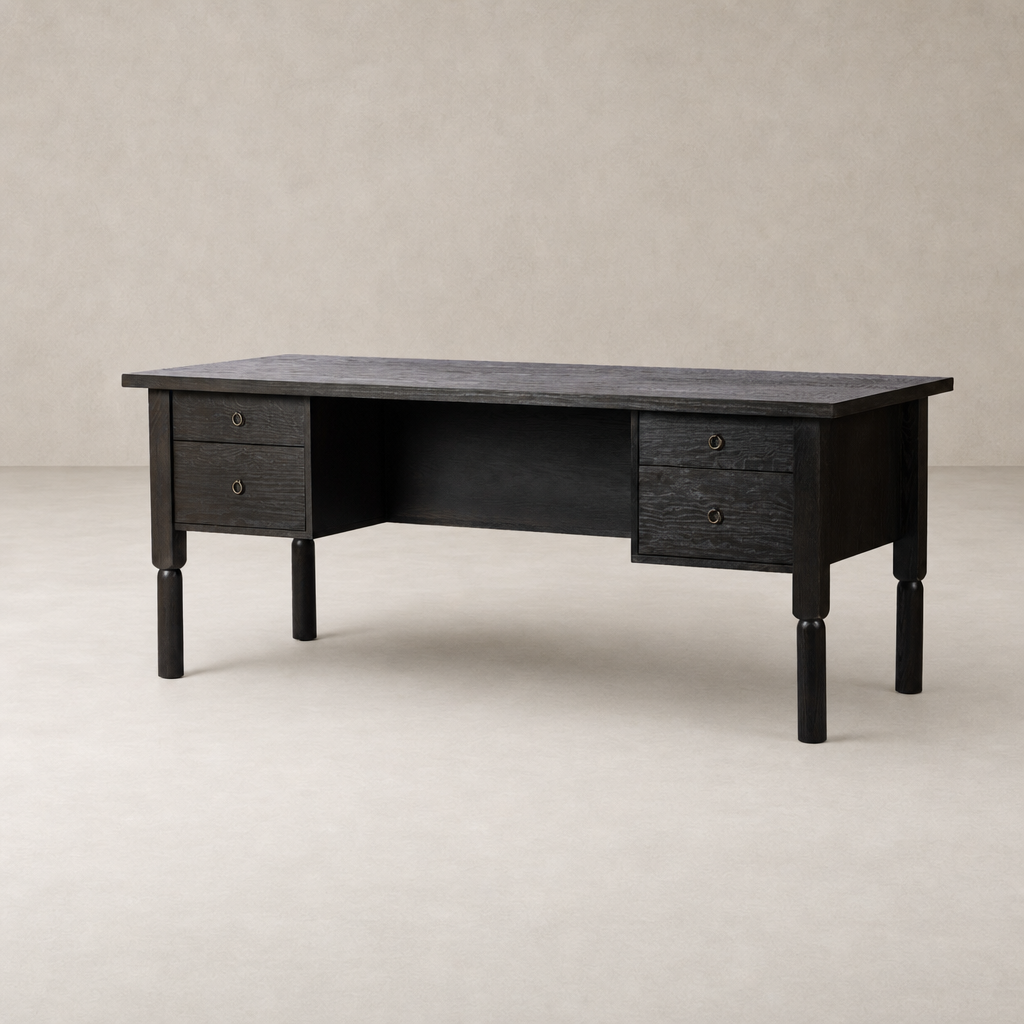 Charcoal Oak Uma Desk featuring two drawers and a minimalist design.