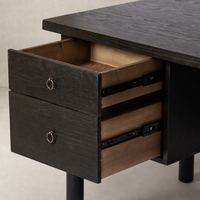 Charcoal Oak Uma Desk showcasing two spacious drawers and a sleek finish.