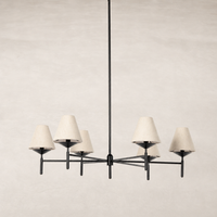 Jet black chandelier with six cream lampshades and minimalist design.