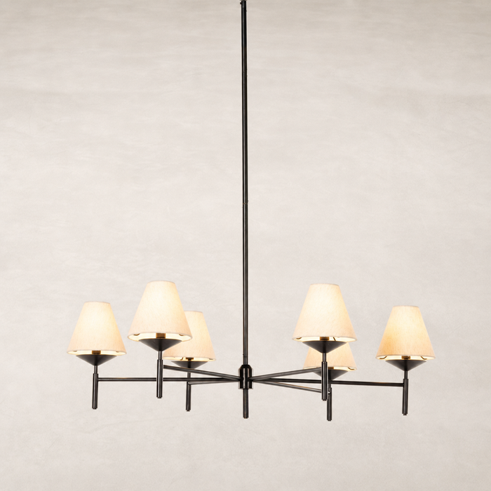 Jet black chandelier featuring six cream shades and a modern design.