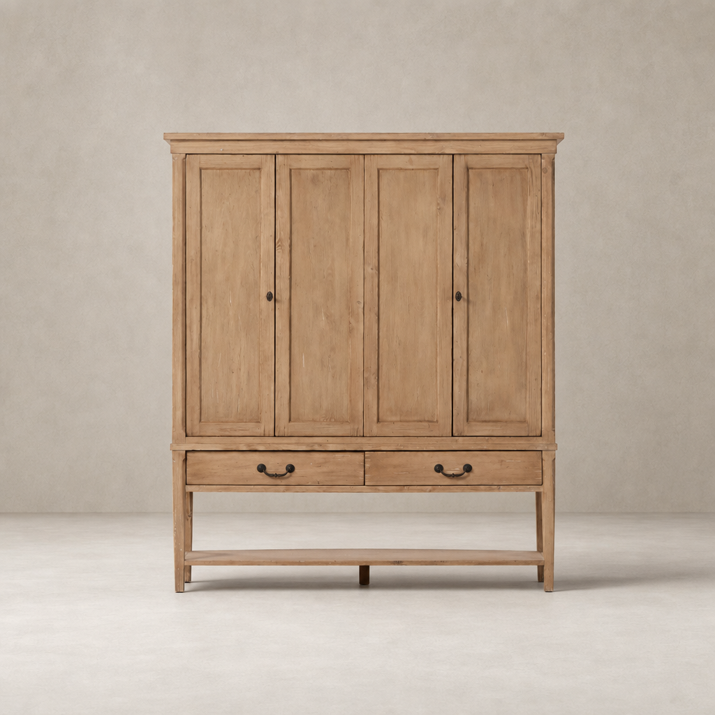 Helsinki Wide Cabinet in aged light pine with four doors and two drawers.