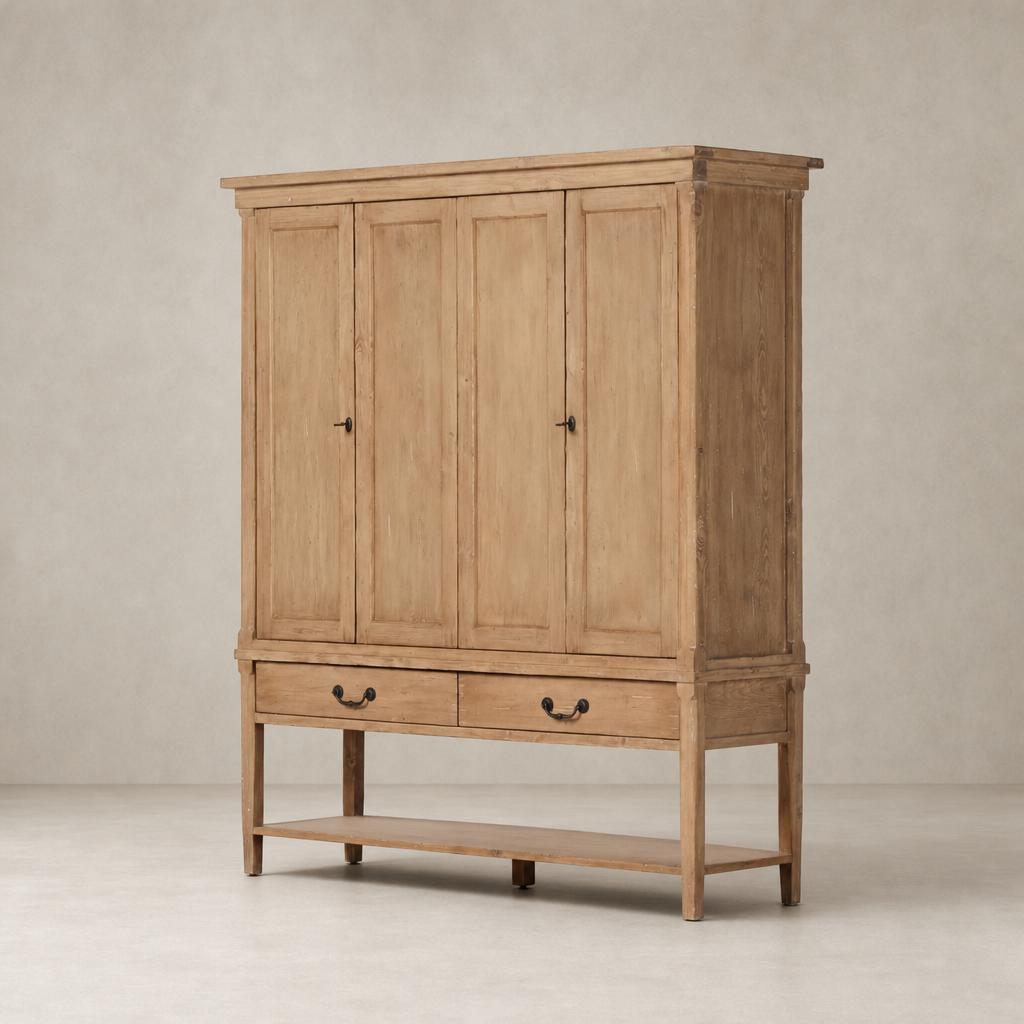 Helsinki Wide Cabinet in aged light pine with four doors and two drawers.