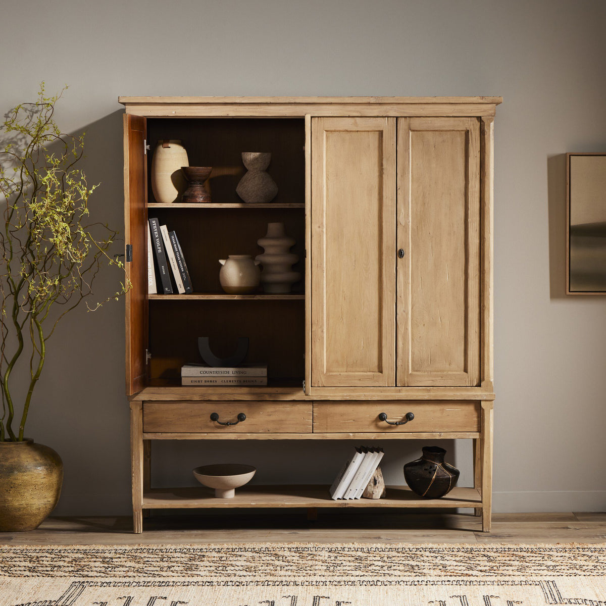 Helsinki Wide Cabinet in aged light pine with double doors and open shelving.