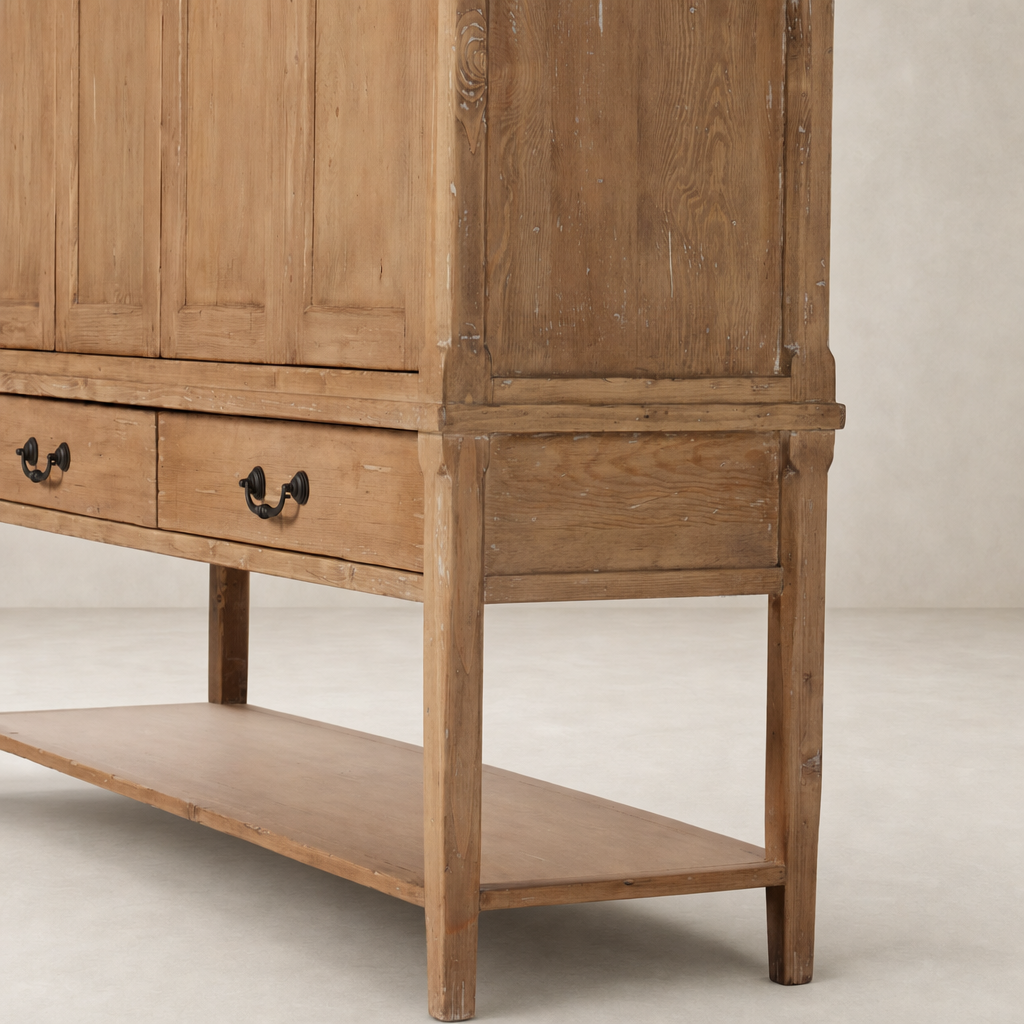 Helsinki Wide Cabinet in aged light pine with two drawers and an open shelf.