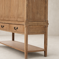 Helsinki Wide Cabinet in aged light pine with two drawers and an open shelf.