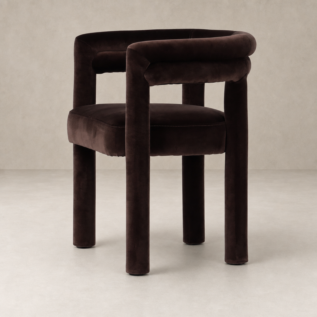 Tivoli Dining Chair in Surrey Cocoa with curved arms and soft plush upholstery.