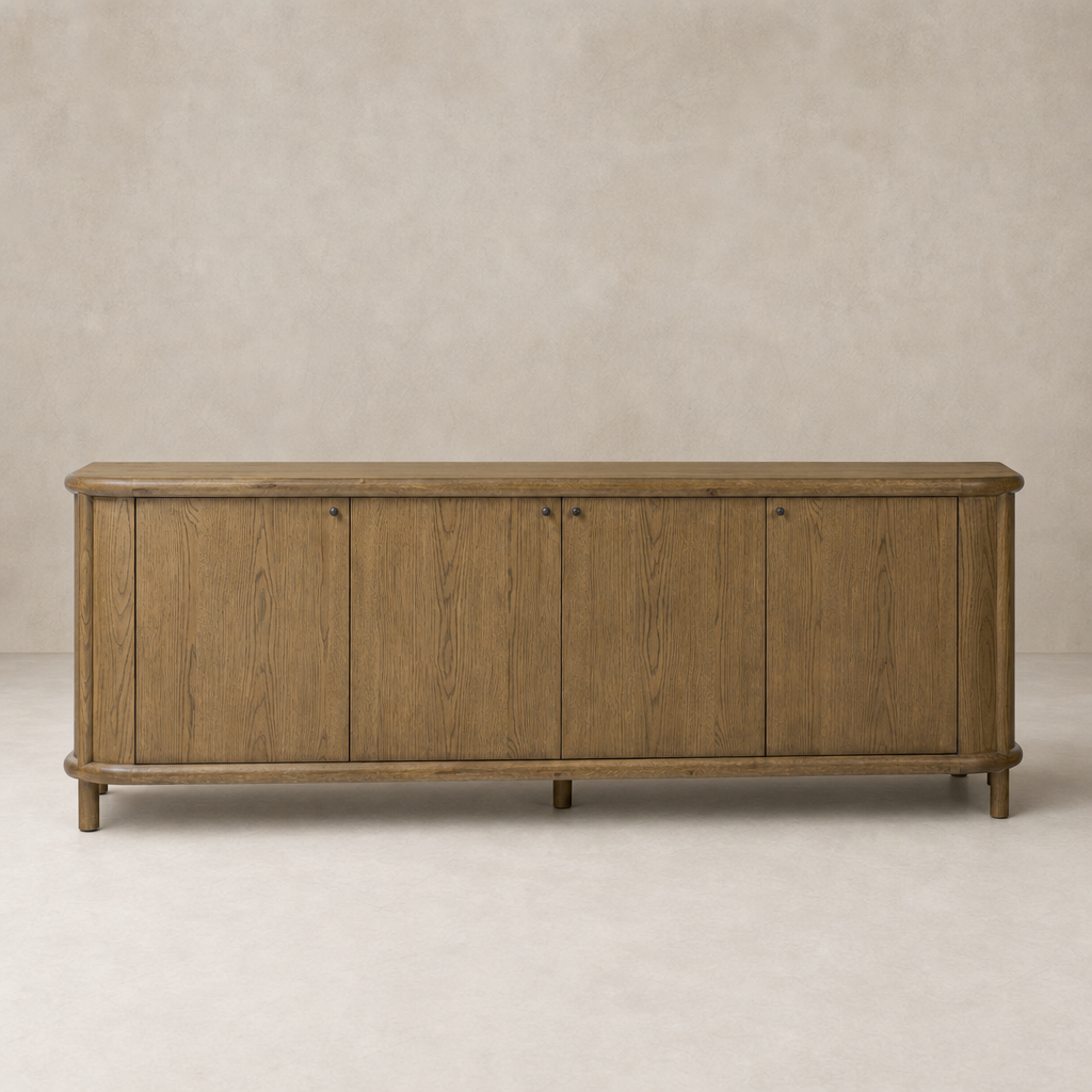 Laurent Sideboard in Amber Oak featuring rounded edges and multiple storage compartments.