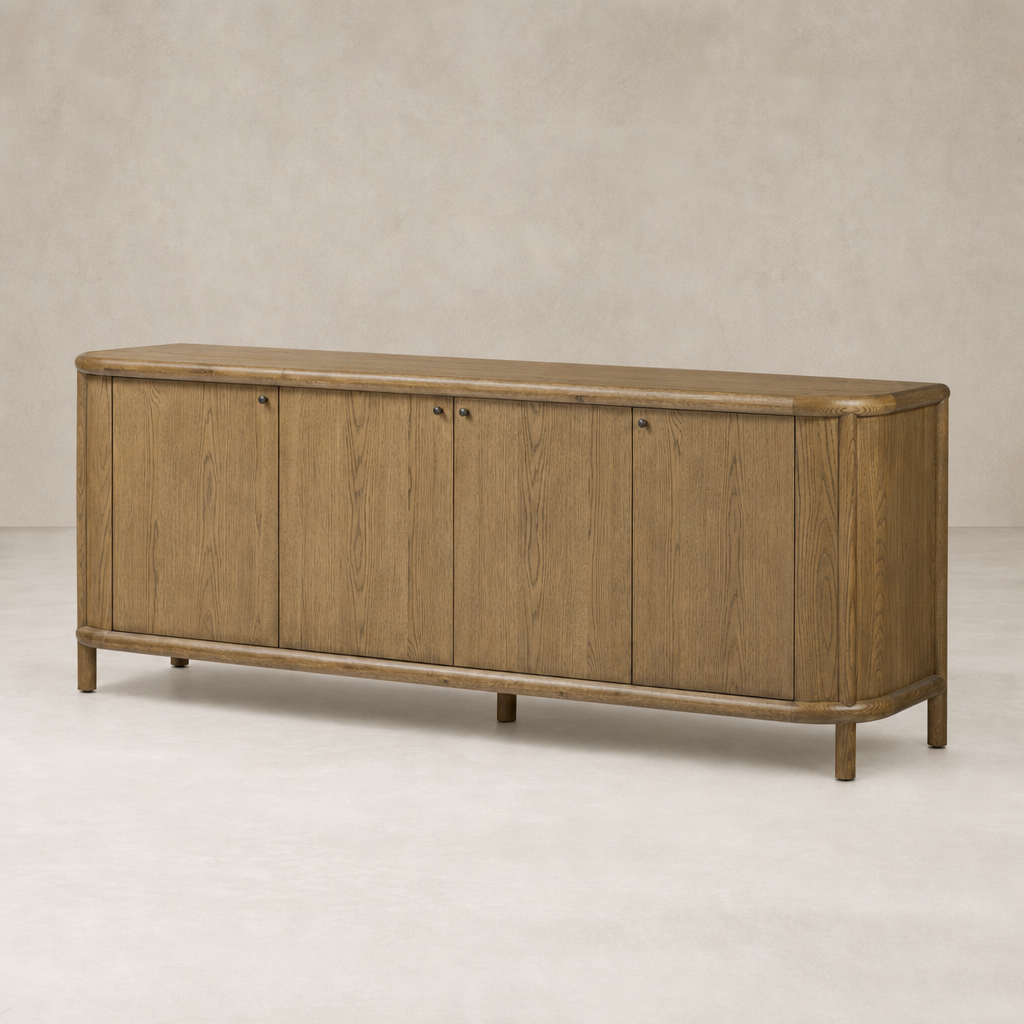 Laurent Sideboard in Amber Oak showcasing a sleek, rounded design with four doors.