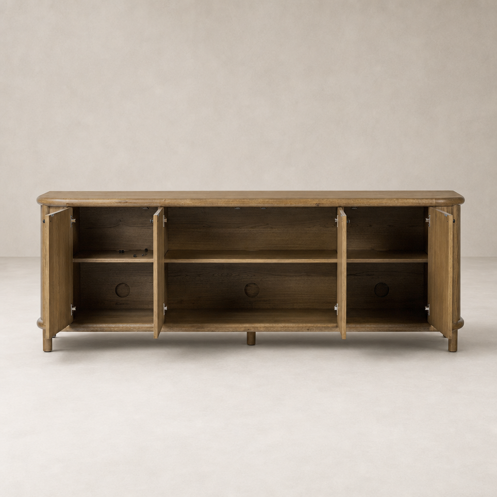 Laurent Sideboard in amber oak featuring sleek design and spacious open shelving.