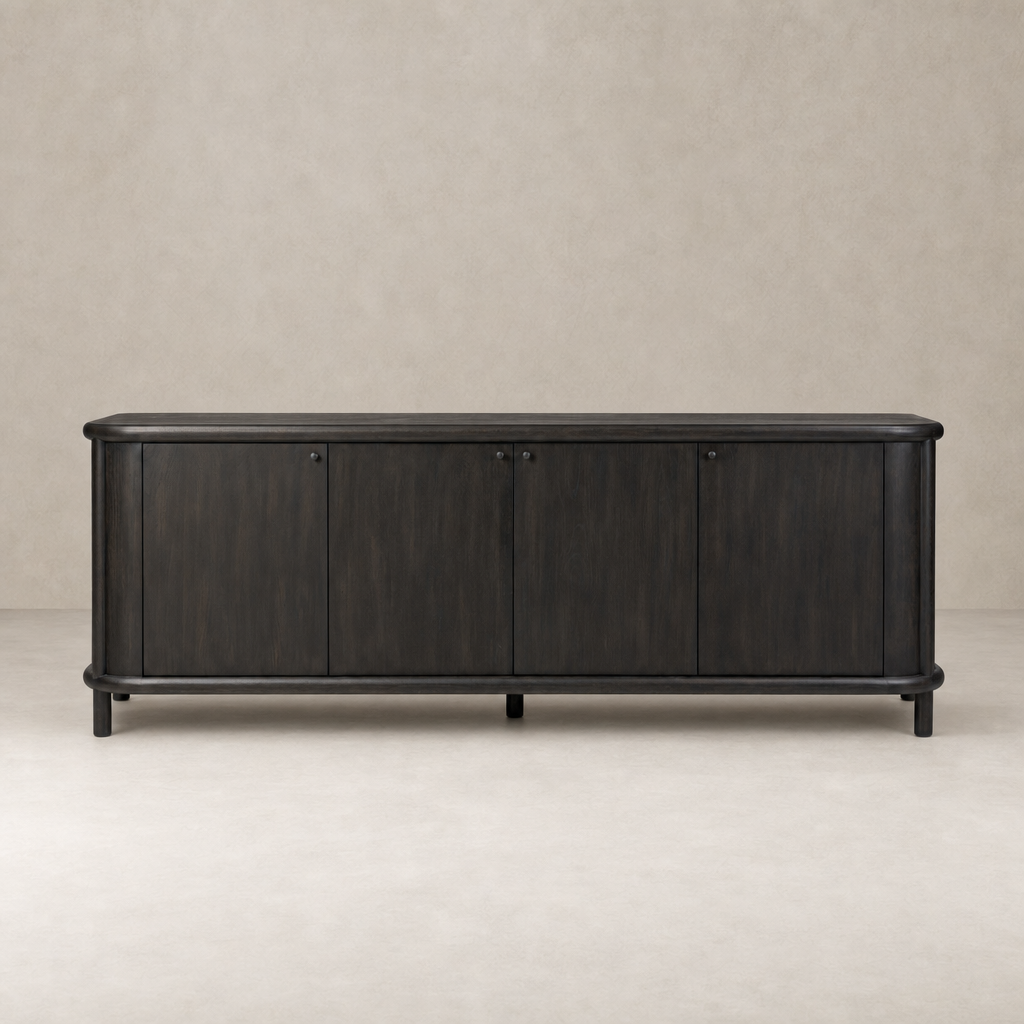 Smoked black solid Laurent sideboard with rounded edges and four cabinets.