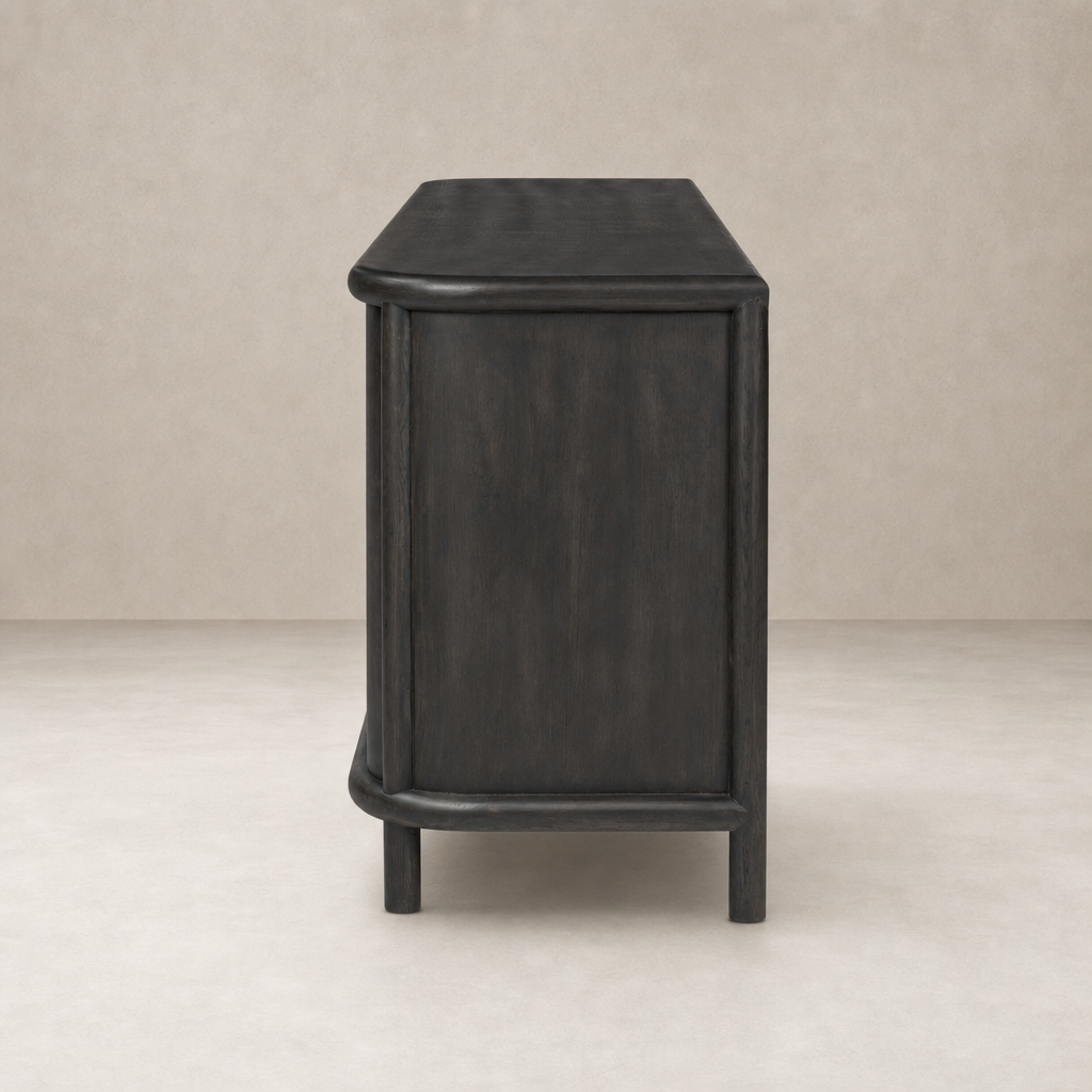 Laurent Sideboard in Smoked Black Solid with rounded edges and elegant design.