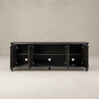 Smoked black solid Laurent sideboard featuring sleek doors and open shelving.