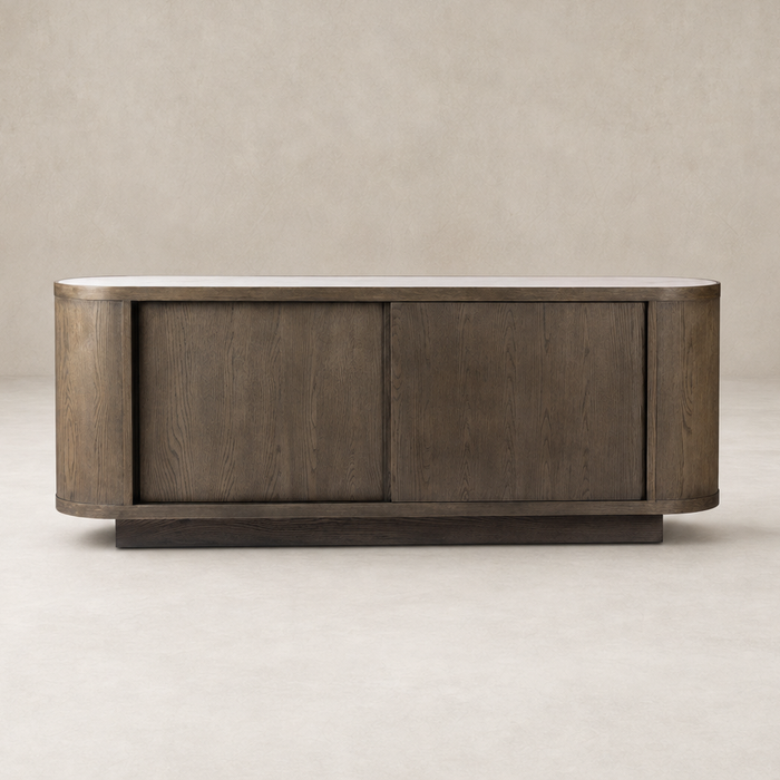 Eleni Sideboard in weathered dark oak with rounded edges and sliding doors.