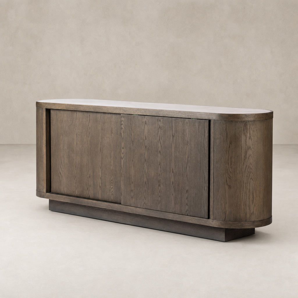 Eleni Sideboard in weathered dark oak with smooth, rounded edges and sliding doors.