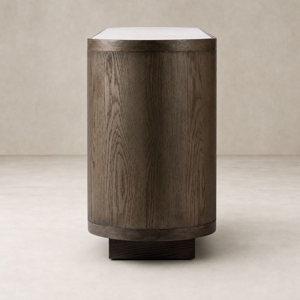 Eleni Sideboard in weathered dark oak featuring a sleek, rounded design.