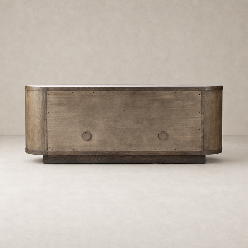 Eleni Sideboard in weathered dark oak with smooth, rounded edges and circular handles.