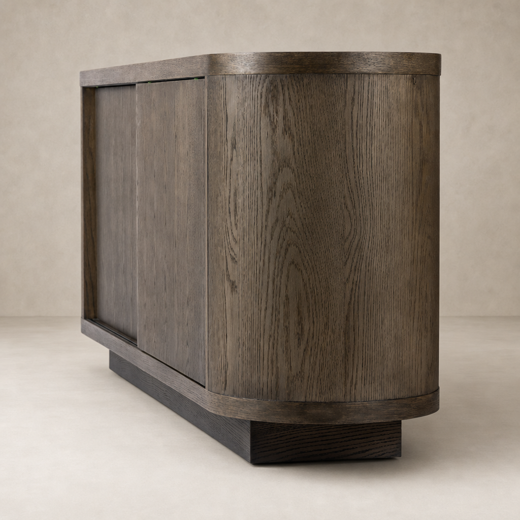 Eleni Sideboard in weathered dark oak with rounded edges and a smooth finish.