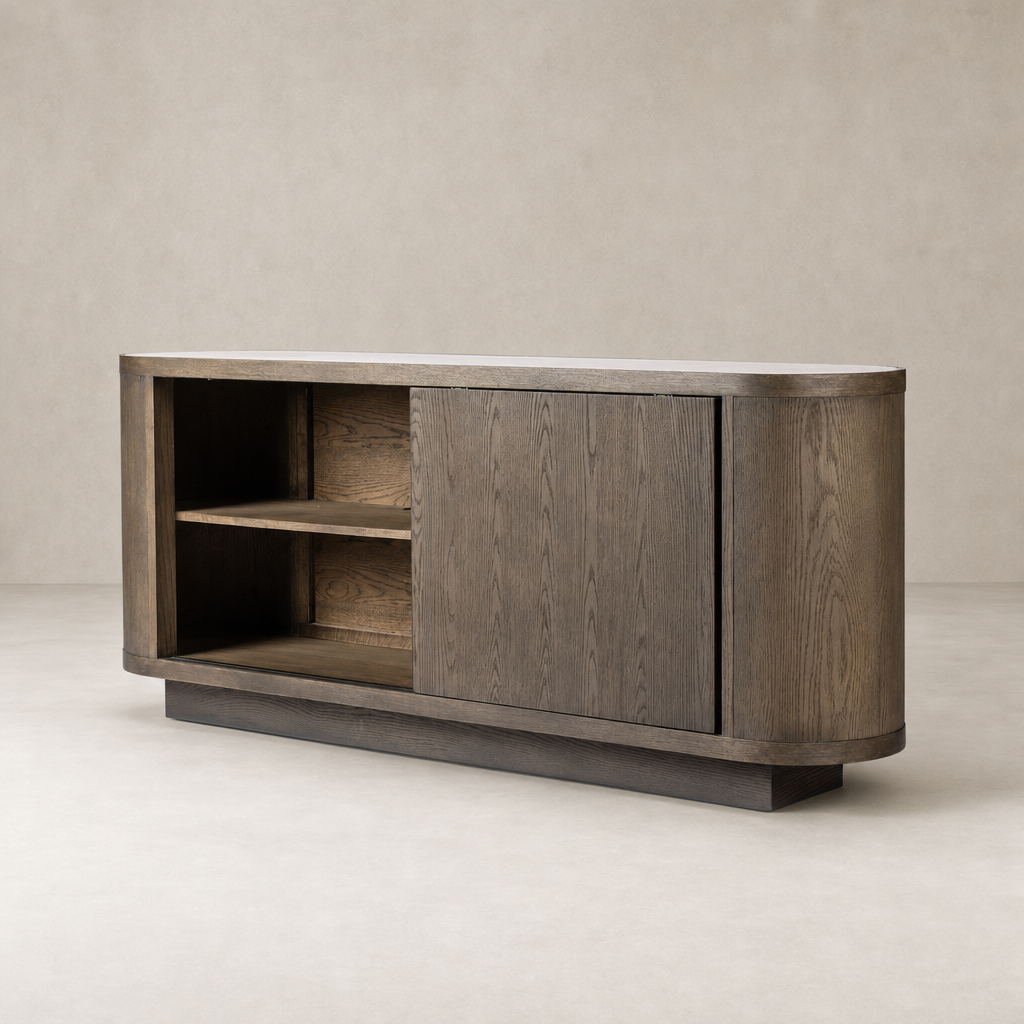 Eleni Sideboard in weathered dark oak with curved edges and open shelving.
