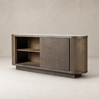 Eleni Sideboard in weathered dark oak with curved edges and open shelving.